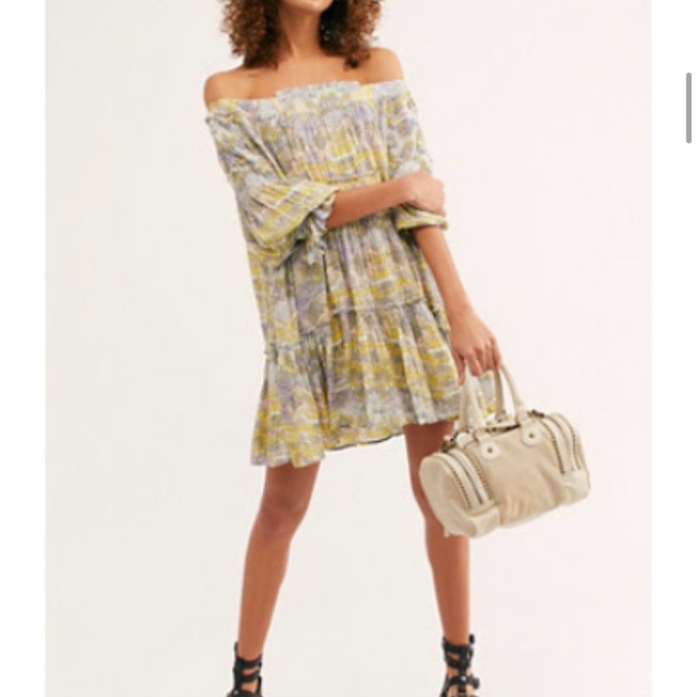 Free People Off-Shoulder Floral Mini Dress in Jade, Yellow and Lavender